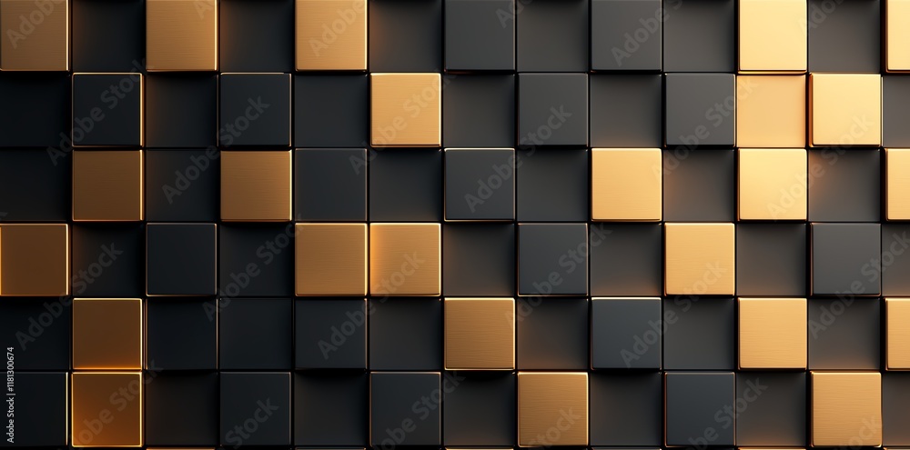 Poster a modern abstract background featuring a blend of matte black and shiny golden cubes. ideal for desi