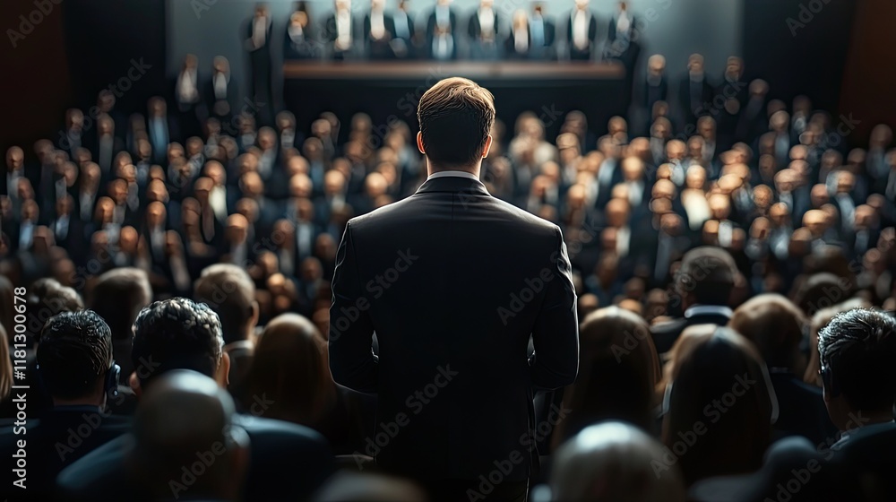 Aufkleber A large audience gathers at a business conference featuring prominent speakers on stage, creating an engaging atmosphere perfect for professional exchange and networking