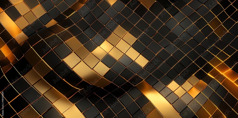 Poster an intricate pattern of gold and black tiles, creating a stunning visual effect. perfect for backgro