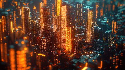 Fototapeta premium A stunning high-tech cityscape at night illuminated by vibrant lights, featuring a digital binary code overlay that symbolizes the flow of data and connectivity in modern