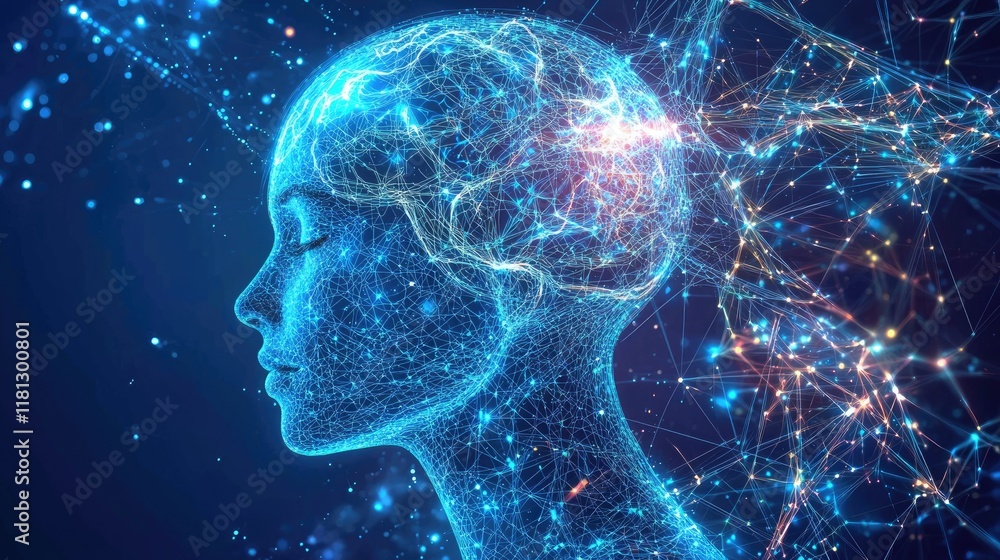 Poster Futuristic digital illustration depicting the concept of artificial intelligence with neural networks and data flow, emphasizing technological innovation and brain activi
