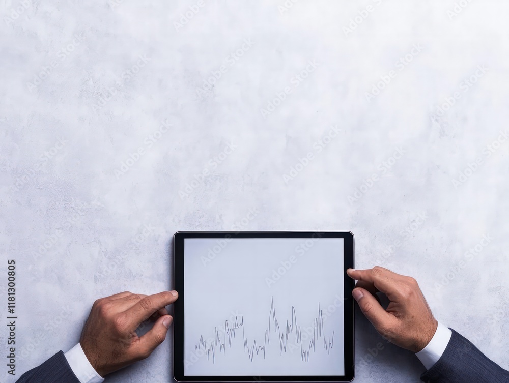 Poster a person holds a tablet displaying a line graph, positioned on a textured surface, suggesting analyt