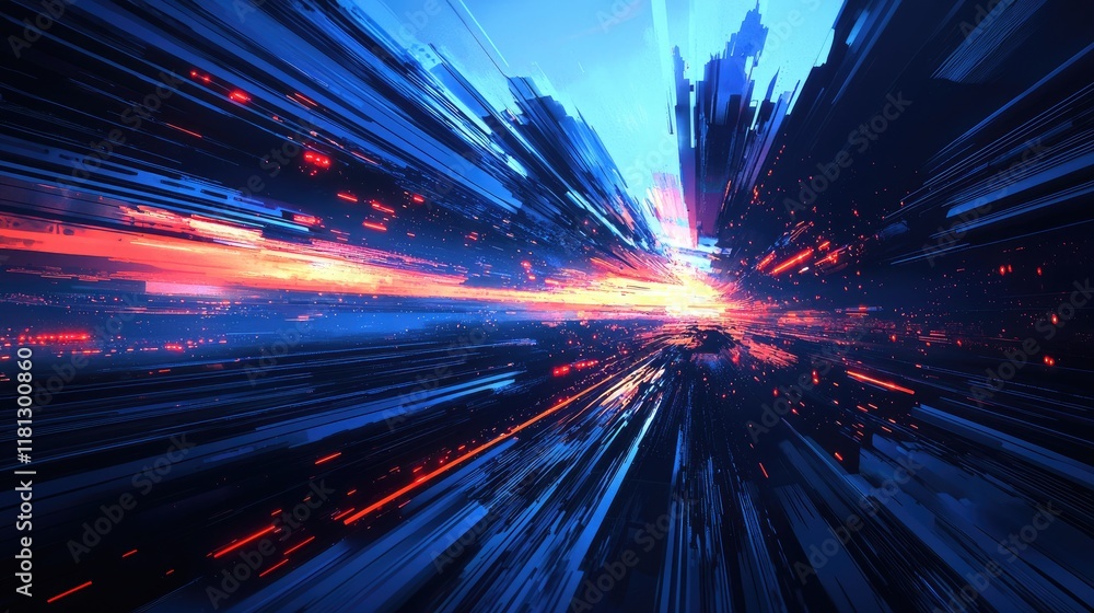 Poster Explore a striking digital landscape showcasing a dynamic flow of glowing lines and abstract patterns in deep blue tones, representing the essence of modern technology an