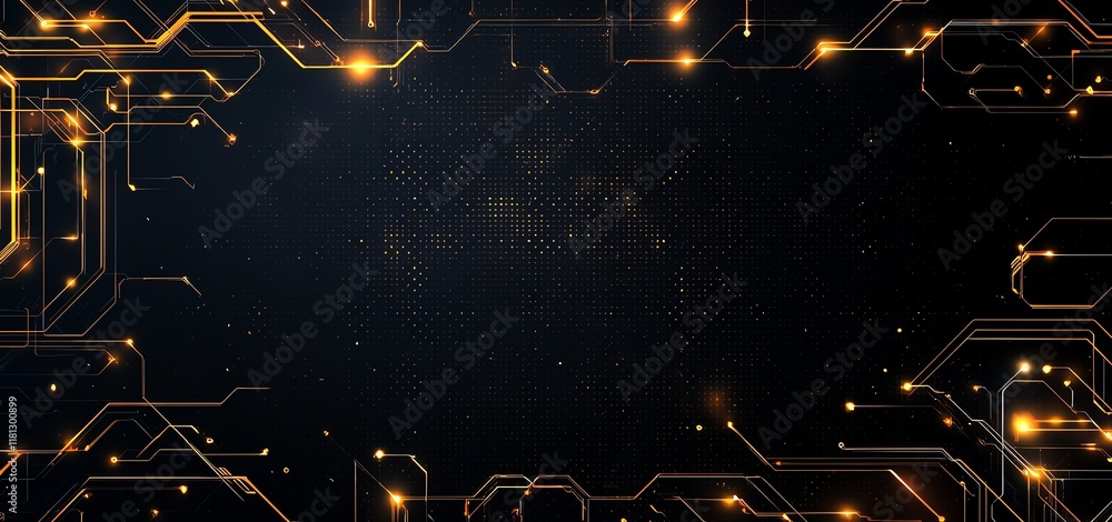 Poster a stunning digital abstract background showcasing intricate circuit board patterns with glowing gold