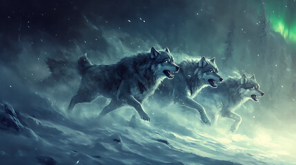 Obraz premium Three wolves running through a snowy landscape under the aurora borealis.
