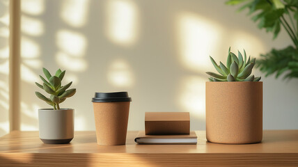 Recycled paper notebook, and a reusable coffee cup.