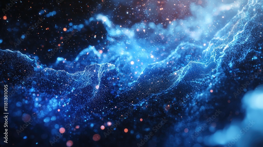 Poster This abstract digital background features glowing particles and data streams in vibrant shades of blue and black, perfect for technology-themed designs or presentations.