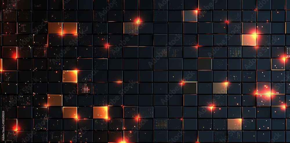 Poster a modern digital background featuring an array of glowing cubes in a matrix pattern. the design comb