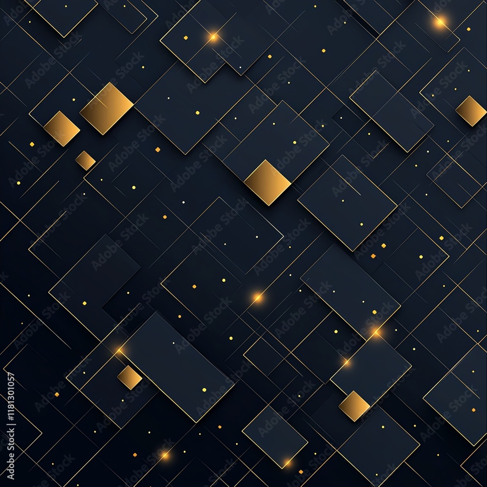 Poster a modern digital background featuring a network of geometric shapes in black and gold, creating an e