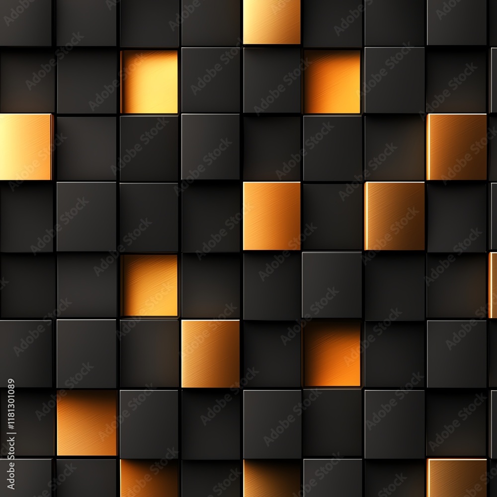 Poster a visually captivating abstract pattern featuring black and gold squares arranged in a geometric des