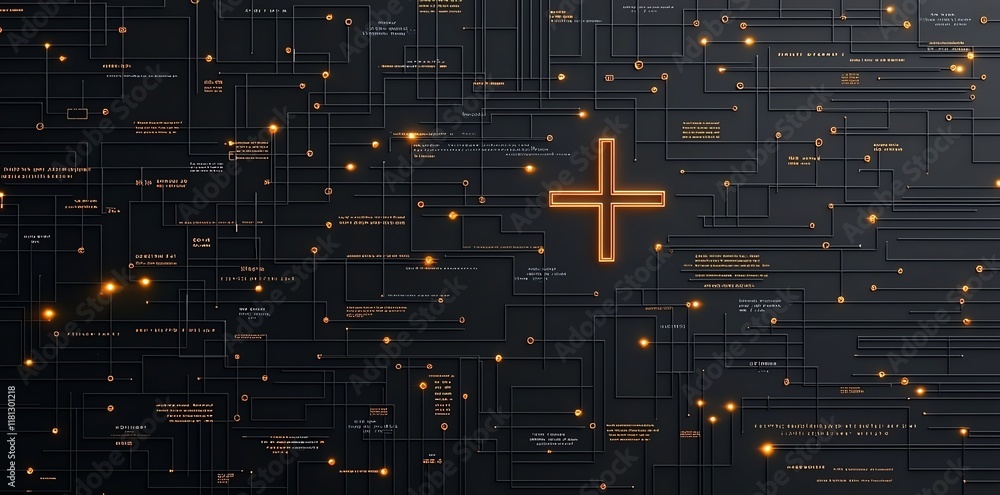 Poster a digital abstract image featuring interconnected lines and glowing elements on a dark background, s
