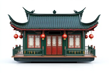 Fototapeta premium Elegant Green Chinese Style House With Red Lanterns