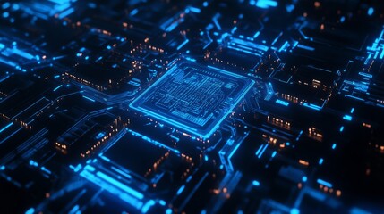 Obraz premium Abstract background with a blue circuit board pattern and glowing elements on a dark backdrop, a technology concept.