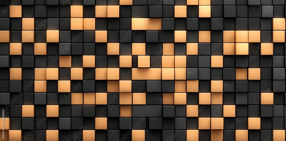 Poster a visually striking pattern of black and golden cubes arranged in a dynamic formation. this abstract