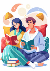 Couple reading books in bed, with cozy pillows and a warm blanket, relaxing home setting.