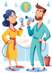 Couple in cozy loungewear styling their hair with hairdryers in a contemporary bathroom.

