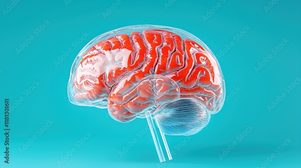 Poster Detailed Render of Human Brain with Inner Structures on Blue Background