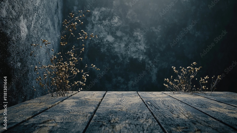 Poster a dramatic dark textured background paired with a rustic wooden floor, perfect for photography or de