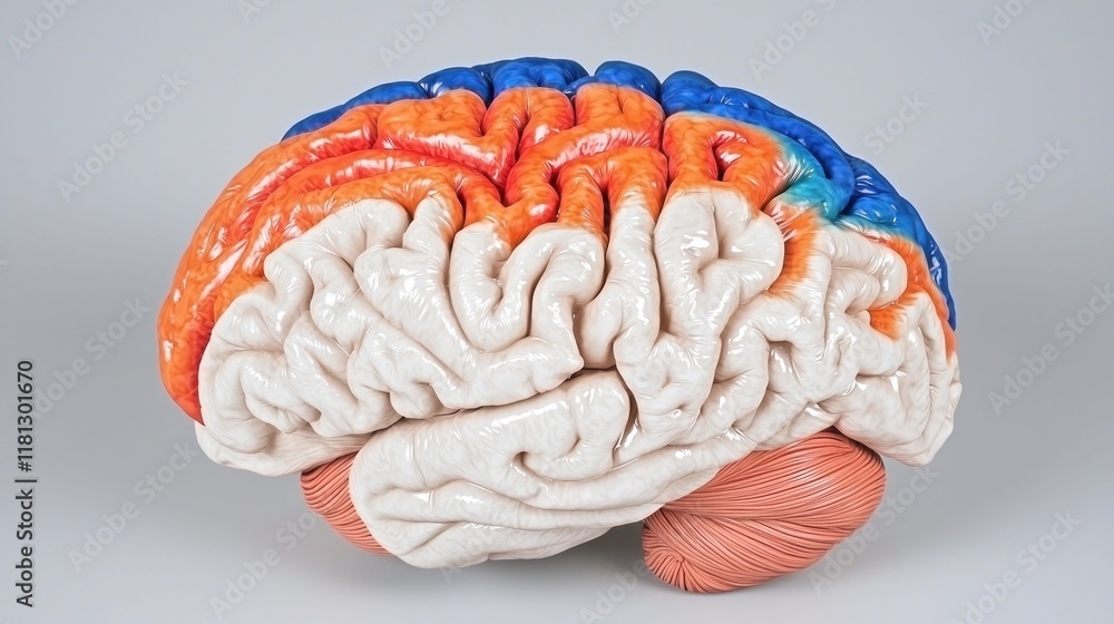 Poster colorful human brain model showing intricate neural pathways