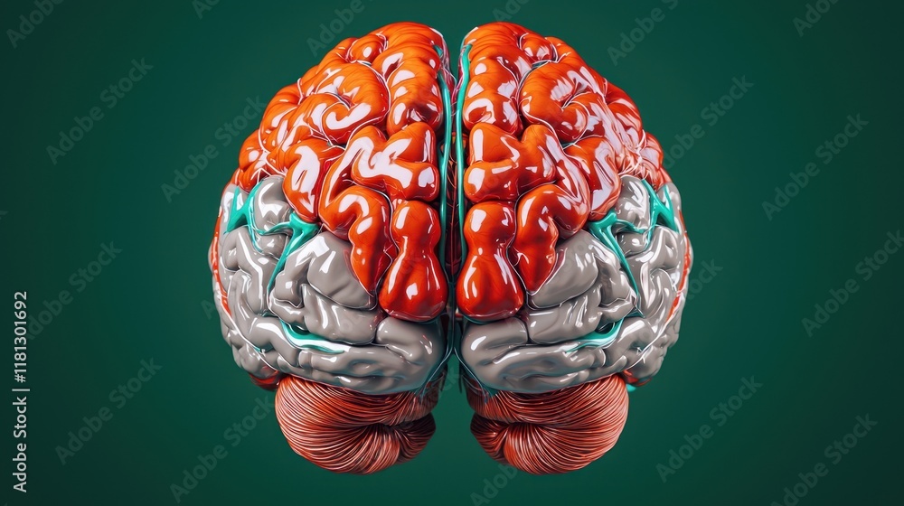 Poster realistic 3d render of a human brain on a green background