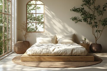 Cozy and light-filled bedroom with natural decor and greenery in a serene setting