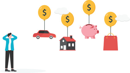 Inflation, growth of price. Shopping basket with foods, house, car, savings tied by air balloon.

