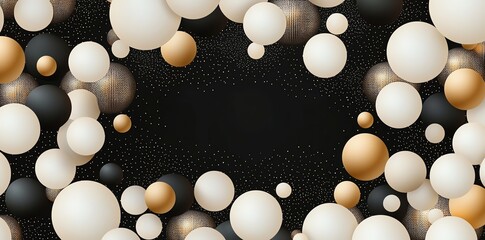 A stunning abstract background featuring a blend of floating spheres in black, white, gold, and cream. Perfect for creative projects, invitations, or modern artwork.
