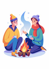 Couple in cozy winter wear enjoying bonfire