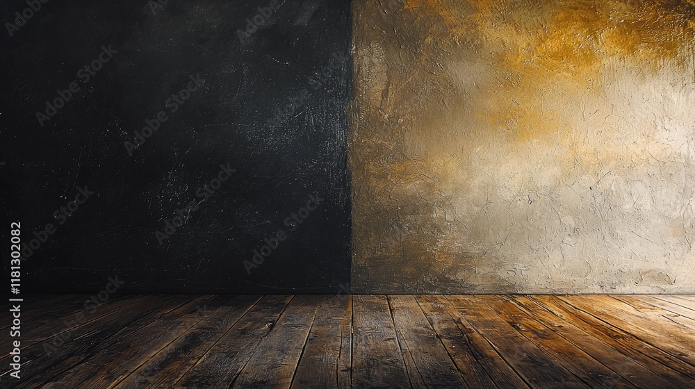 Poster a dramatic dark textured background paired with a rustic wooden floor, perfect for photography or de