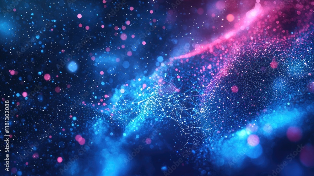 Poster this abstract image features a glowing blue digital background filled with particles and connected l