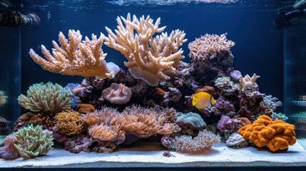 A vibrant coral reef aquarium filled with diverse corals and marine life, showcasing beautiful colors and intricate structures in a serene underwater environment.