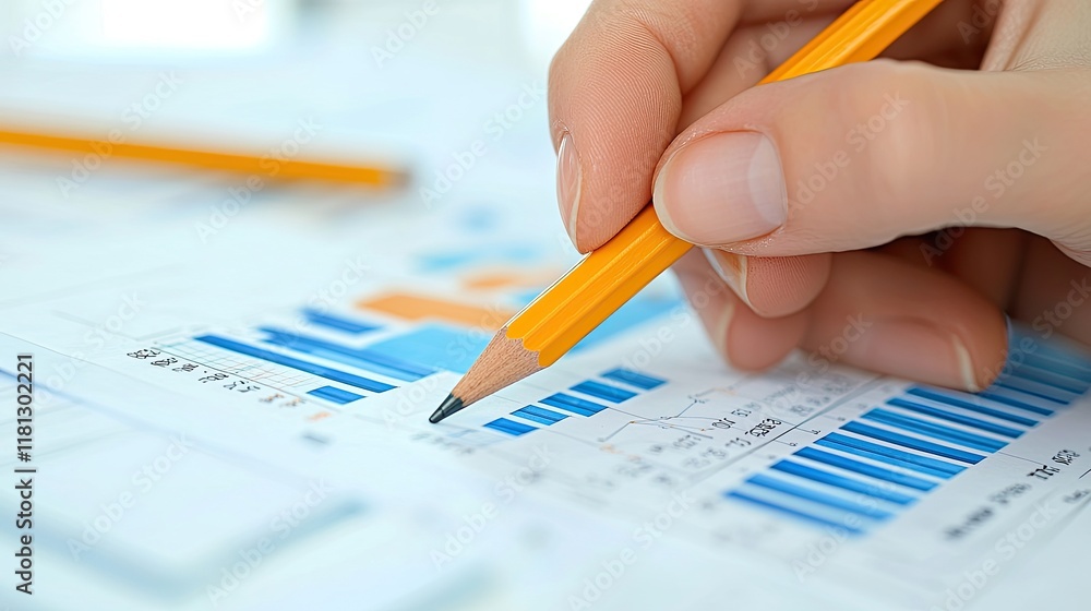 Poster A business analyst focuses on data charts using a pencil in a modern office, surrounded by digital graphics and visual information, symbolizing analysis and strategy.