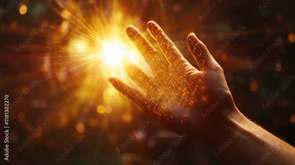 Leinwandbilder a hand reaches towards a bright light against a digital network backdrop, symbolizing innovation and