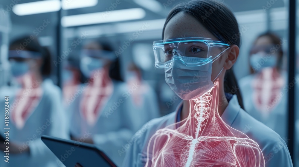 Poster scientist in laboratory with anatomy visualization and technology