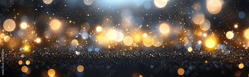 Poster a mesmerizing abstract background featuring shimmering bokeh lights in gold and silver tones, creati