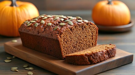 Gluten-free pumpkin bread with a sprinkle of pumpkin seeds on top, sliced and arranged on a cutting board with a fall-inspired background