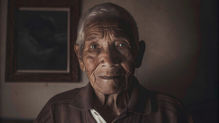 Close-up of an old man's face, with a serious expression, looking thoughtfully