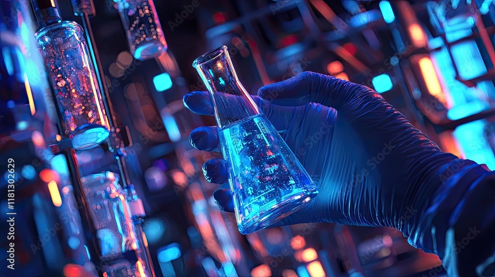 Poster a close-up of a hand wearing a glove holding a flask filled with blue liquid, set against a vibrant 
