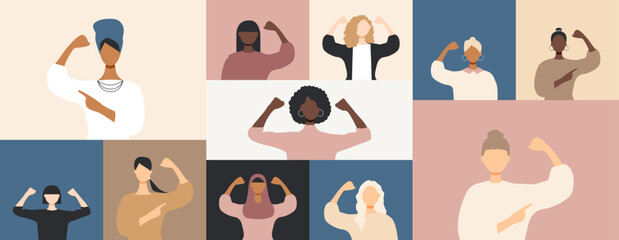 Different women show their strength. International Women's Day concept. #AccelerateAction
