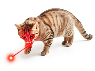 A playful cat chasing a red laser dot on a white background.