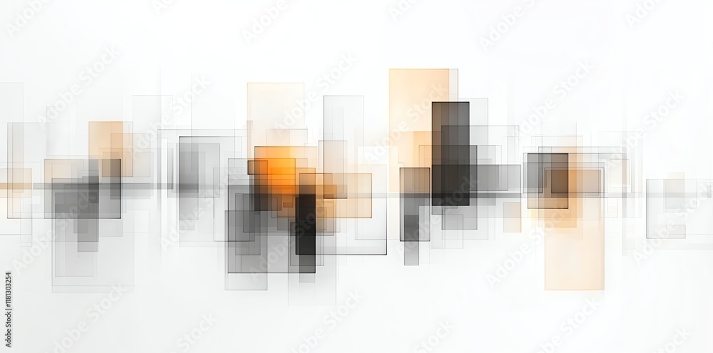 Poster an abstract composition featuring overlapping geometric shapes in shades of black, orange, and gray,