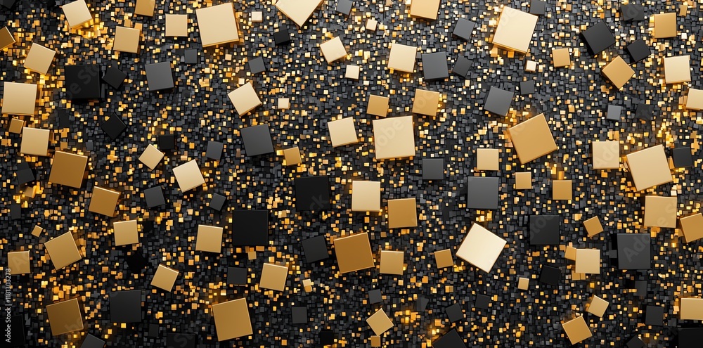 Poster a textured background featuring a mix of black and gold squares, creating a dynamic and luxurious vi