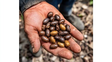 Hand holding a handful of exotic Bourbon Pointu beans, known for their small size and pointed shape, with a rustic background