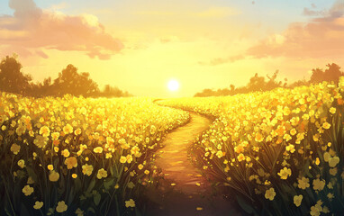 夕日の花畑 Flower Field at Sunset｜Generative AI