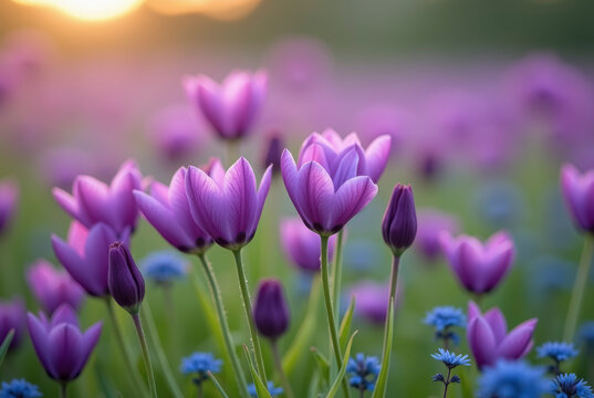 Purple tulips blooming in a field of blue flowers