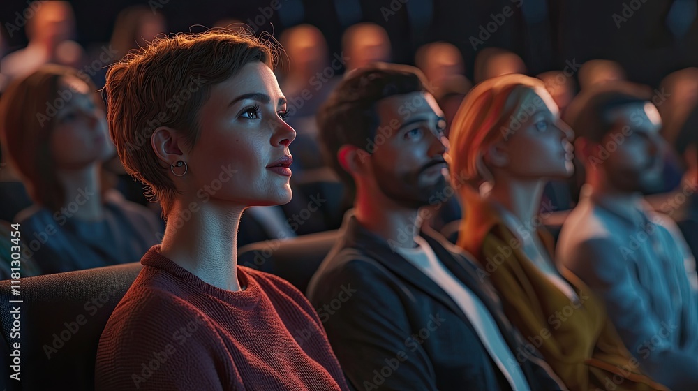 Poster engaging business conference scene with a diverse audience attentively listening to a speaker. ideal