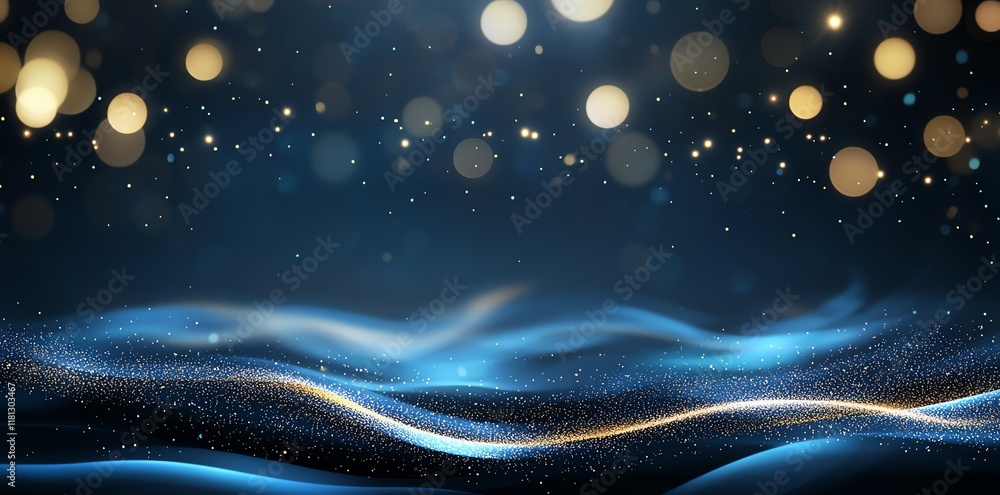 Poster a mesmerizing abstract background featuring swirling blue waves with shimmering golden bokeh lights.