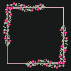 Lovely Square Borders Frame With Love Pink Fuchsia Flowers And Green Leaves