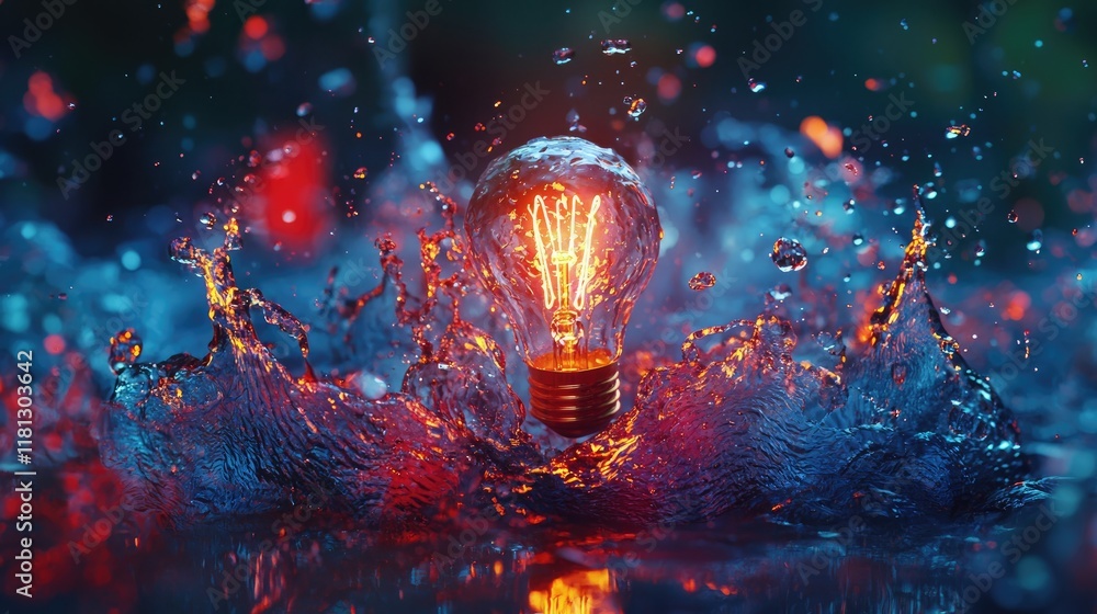 Aufkleber a striking image featuring a glowing light bulb amidst colorful water explosions, creating a vibrant