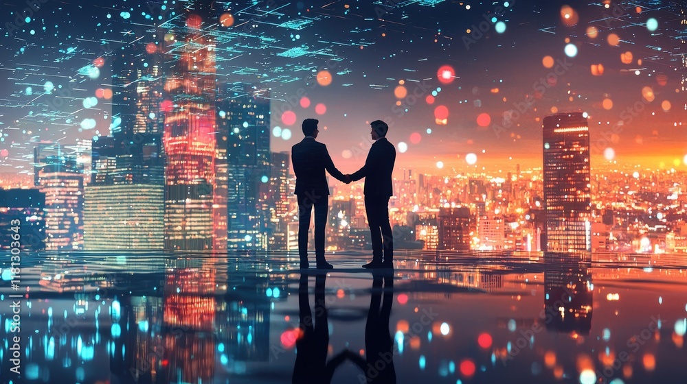 Poster a dynamic image illustrating two business professionals shaking hands with a vibrant city skyline ov